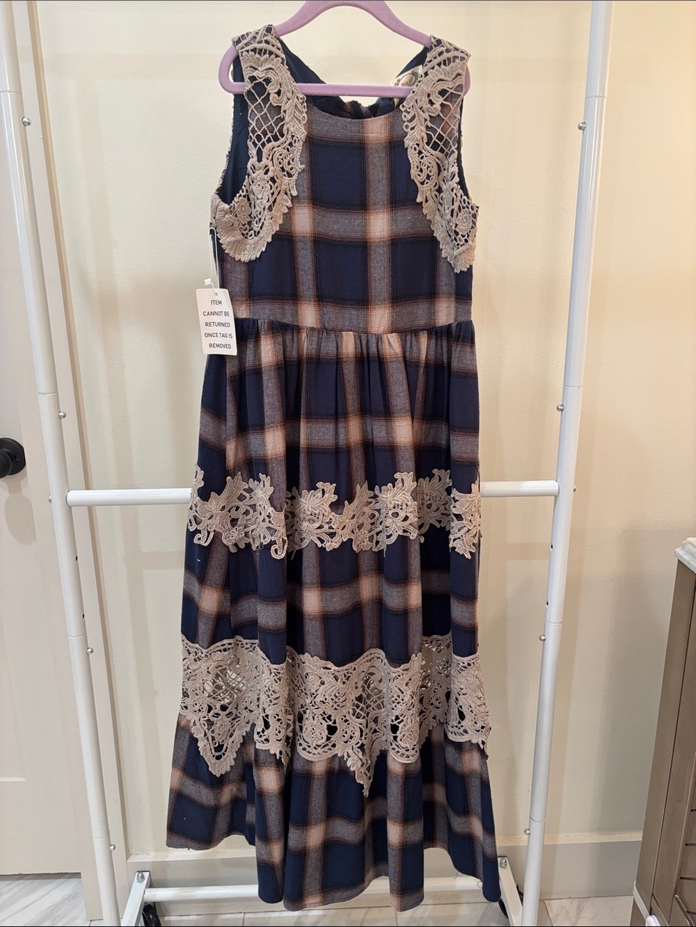 Girls Navy Plaid Maxi Dress with Beige Lace Trim